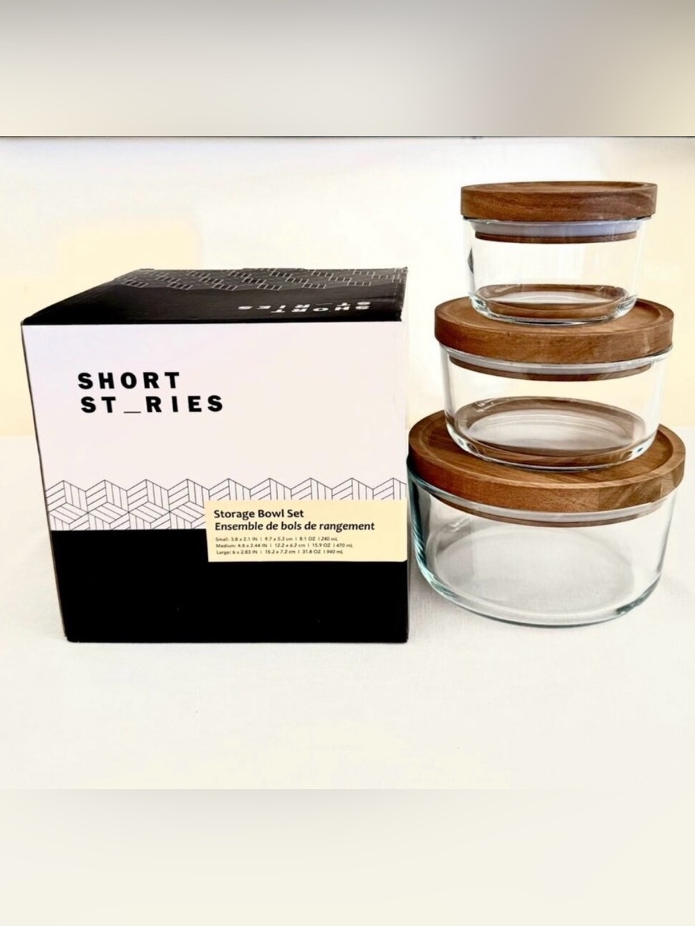 Short Stories NIB Glass Storage Bowl Set Acacia Wood Lids 3pc Boho